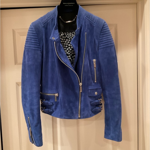BARBARA BUI BLUE SUEDE MOTO JACKET SILVER HARDWARE SIZE 38 WORN A FEW TIMES - Picture 1 of 6